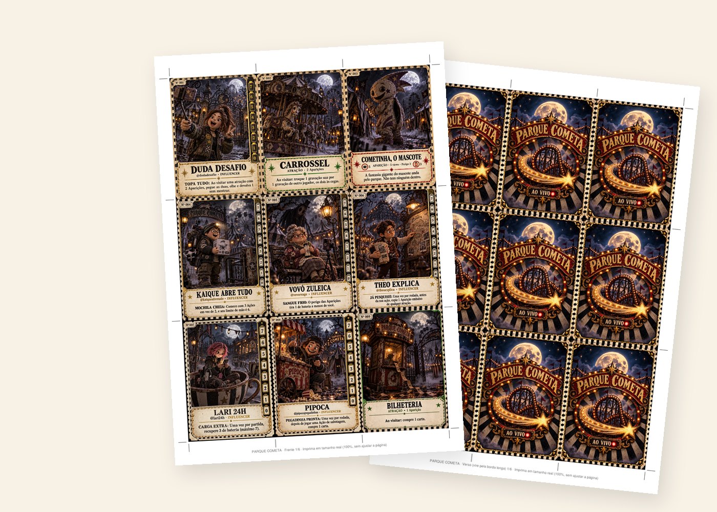 Folhas A4 do Kit Impressão Fácil com frentes e versos das cartas prontos para imprimir