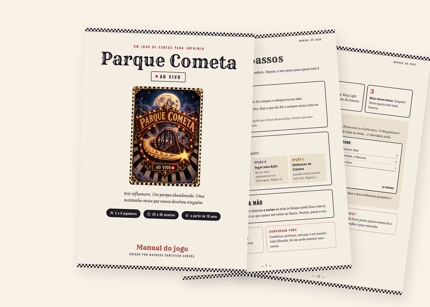 Capa e páginas abertas do manual ilustrado de Parque Cometa: Ao Vivo