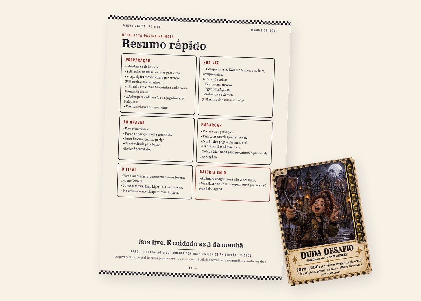 Cola de Mesa com resumo das regras e uma carta Duda Desafio